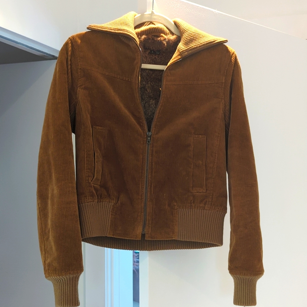 Beautiful Brown Corduroy Rabbit Fur-lined Theory Bomber Jacket sz S